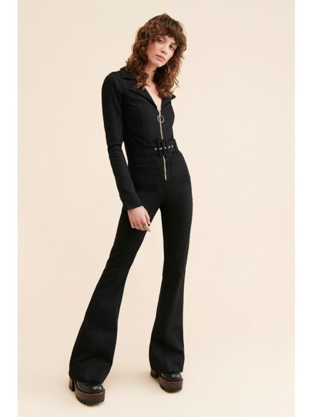 Show me Your Mumu Black Denim Retro Flare-Leg Jumpsuit